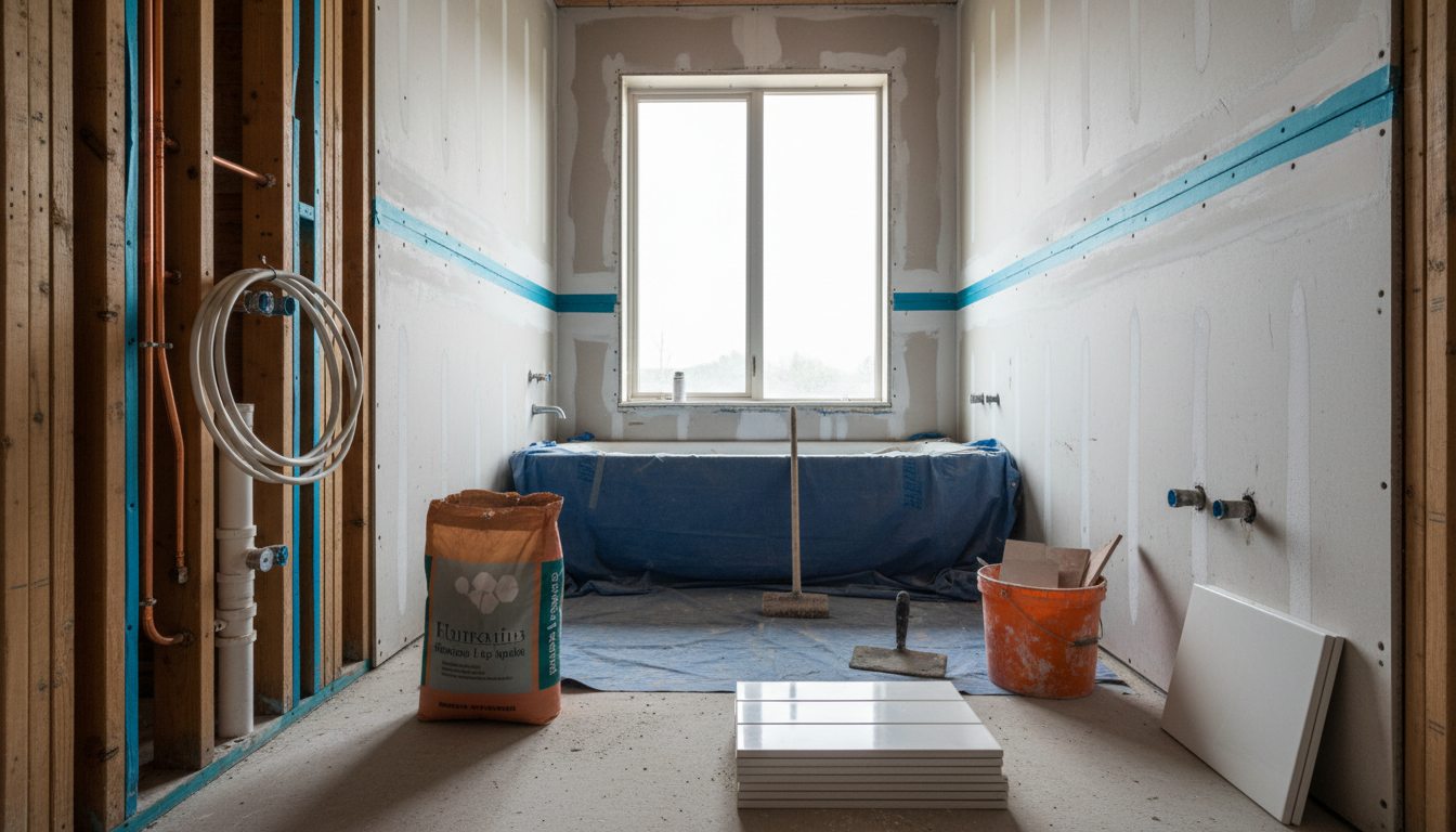 A bathroom stripped to the studs with new supply lines roughed in and a fresh cement-board wall ready for tile.