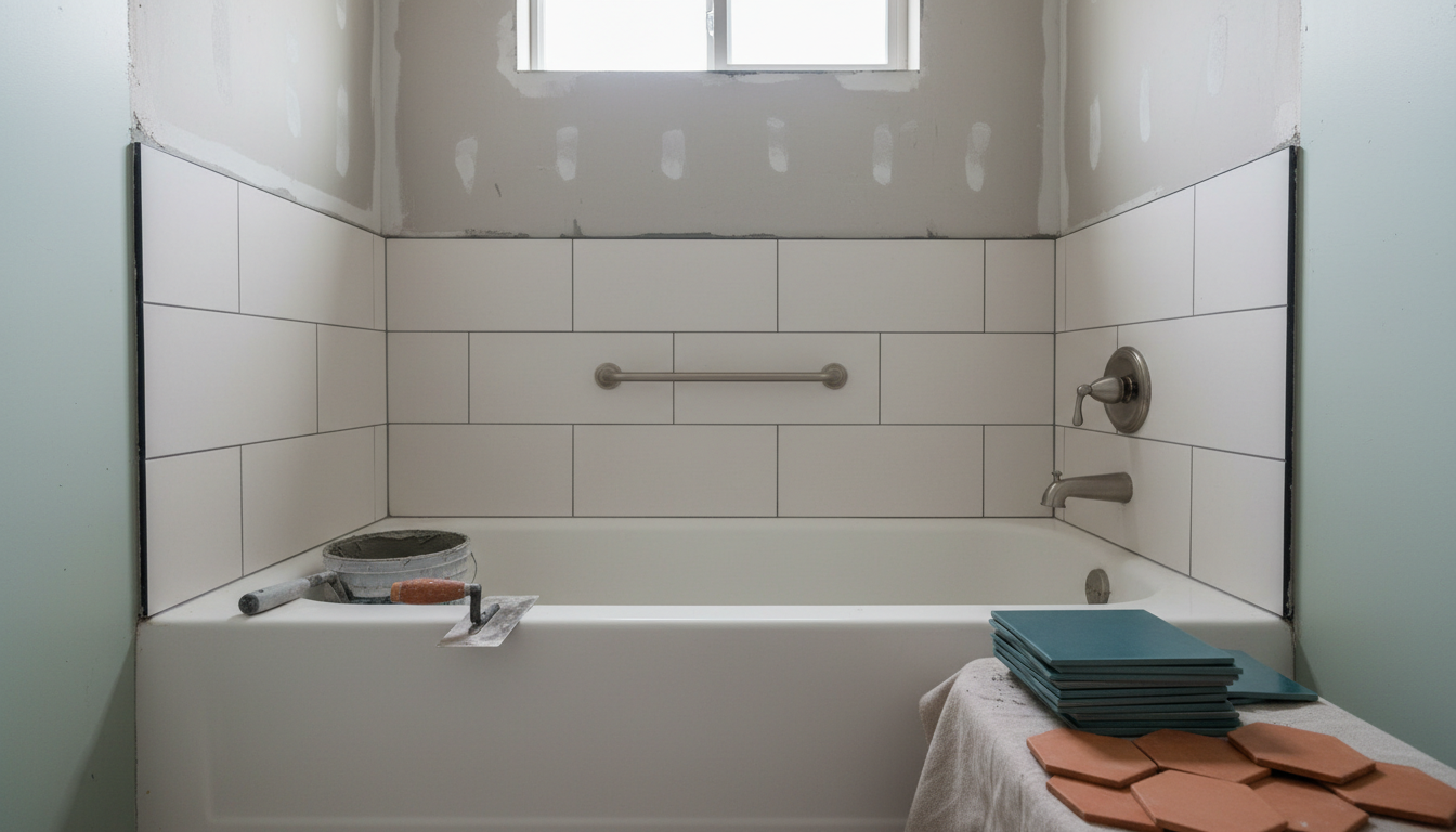 A small ordinary bathroom in soft morning light, a dated tub with a shower curtain rail, clean and empty.