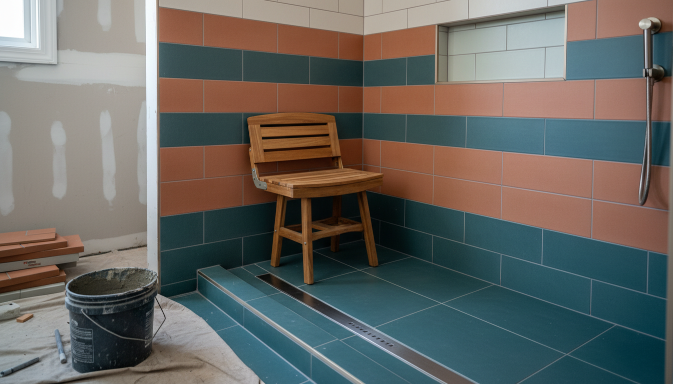 A curbless tiled shower with a linear drain and a folding teak bench, empty, in flat daylight.
