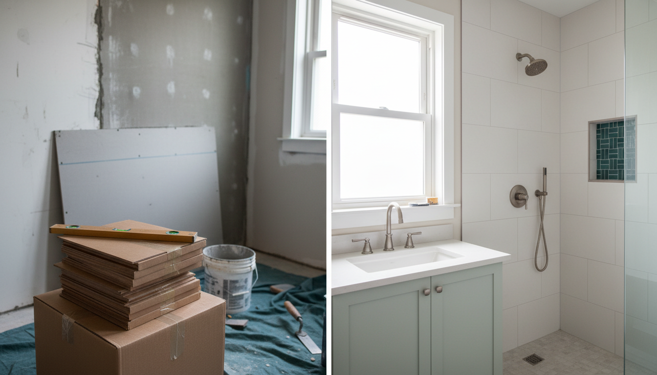 A folding rule and a spirit level resting on a stack of unopened porcelain tile boxes.