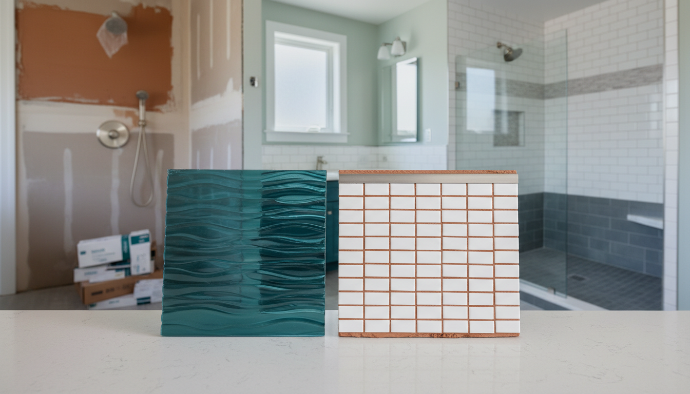 Two square samples side by side on a plain counter — a moulded acrylic sheet and a piece of tiled cement board.