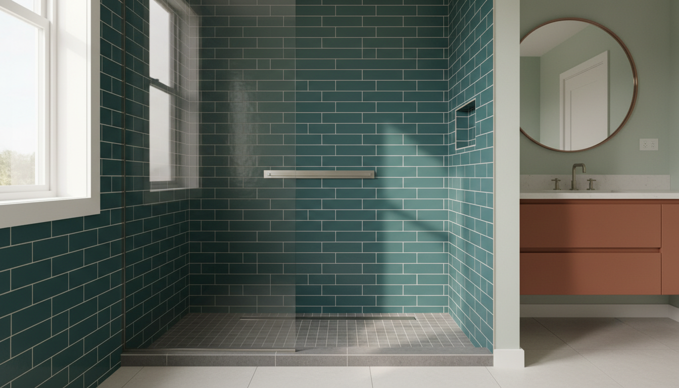 A curbless tiled shower with a linear drain and a folding teak bench, empty, in flat daylight.