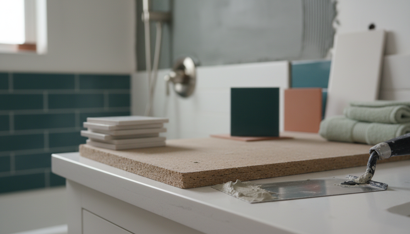Two square samples side by side on a plain counter — a moulded acrylic sheet and a piece of tiled cement board.