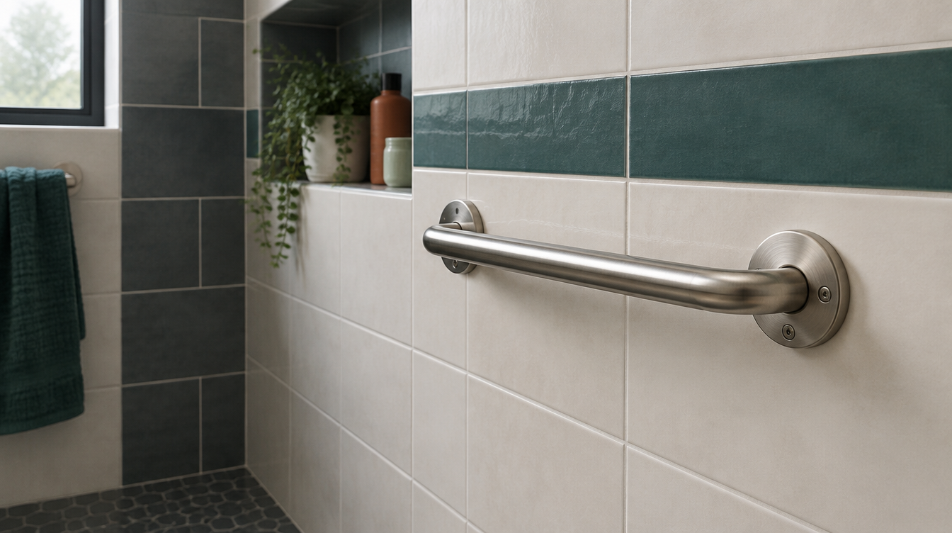 A brushed-nickel grab bar mounted into tiled wall, lit from the side so the blocking screws read as solid.