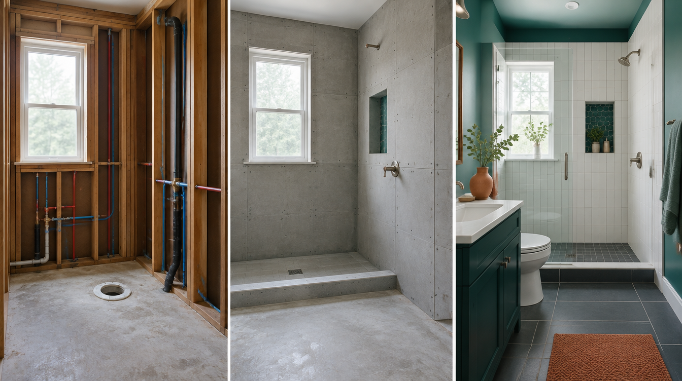 A gutted bathroom stripped back to the studs and subfloor, with new copper supply lines roughed in and daylight from a small window.