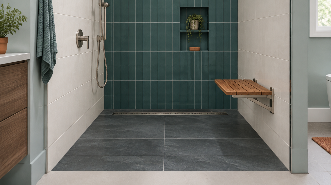 A curbless tiled shower with a linear drain and a folding bench, in flat daylight.