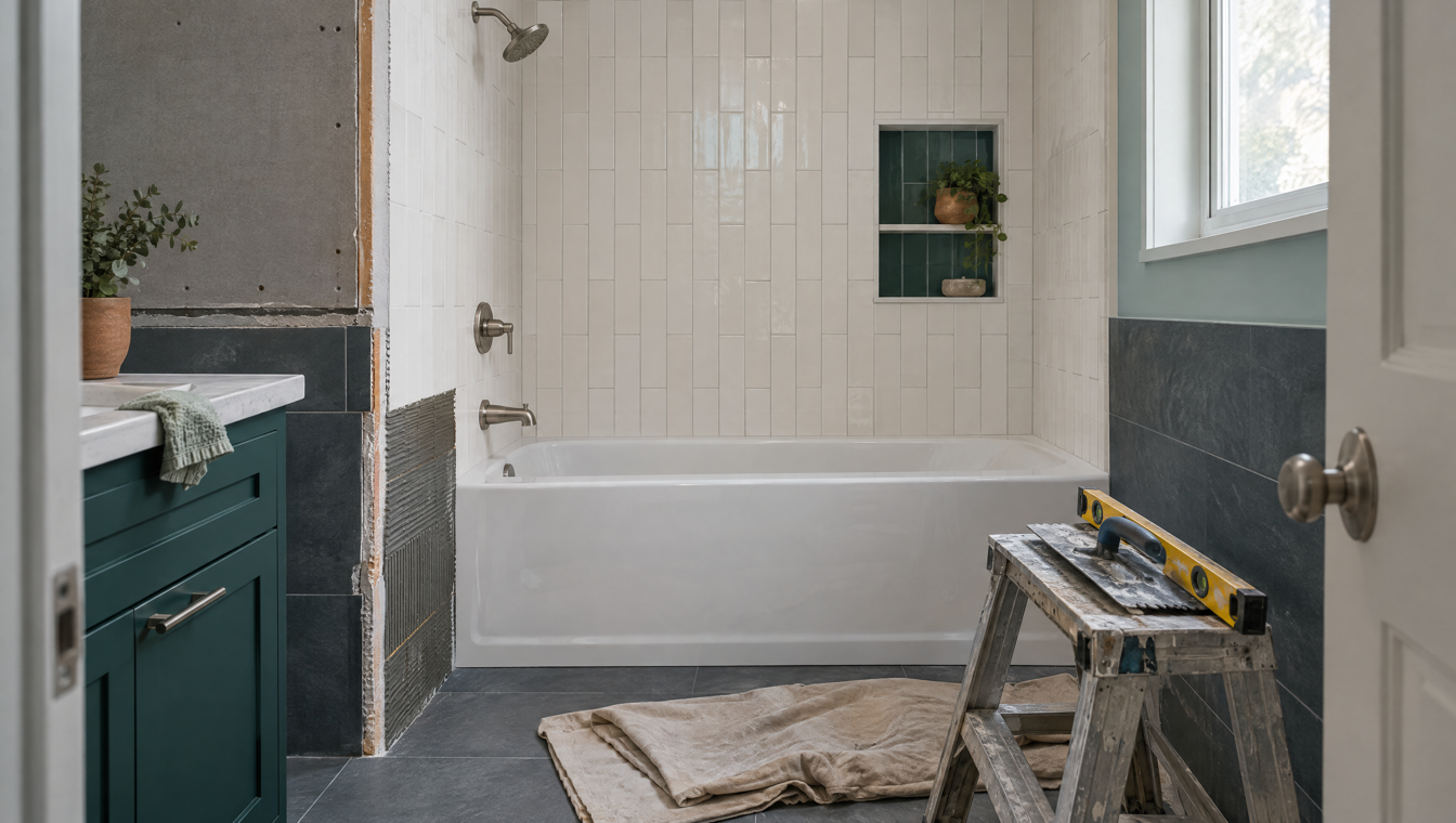 A bathroom mid-renovation in soft daylight: a freshly tiled shower wall, a new tub in place, a drop cloth and tools on a step stool.
