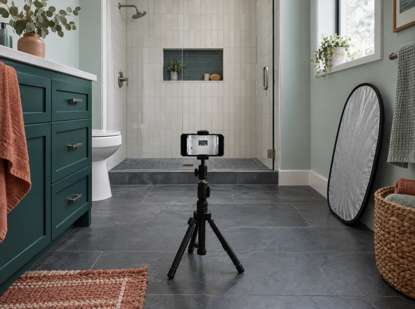 A phone on a small tripod on a bathroom floor, framing a newly tiled shower, a folding reflector against the wall.