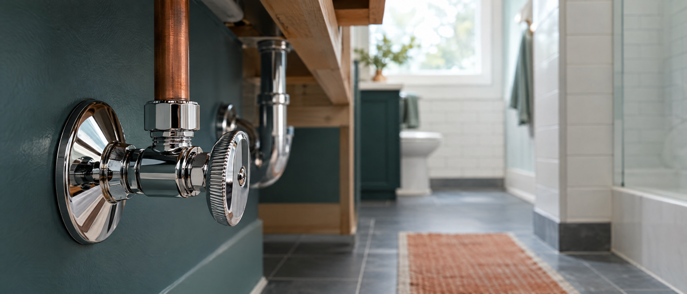 A close-up of a chrome shut-off valve on a copper supply line under a bathroom vanity.