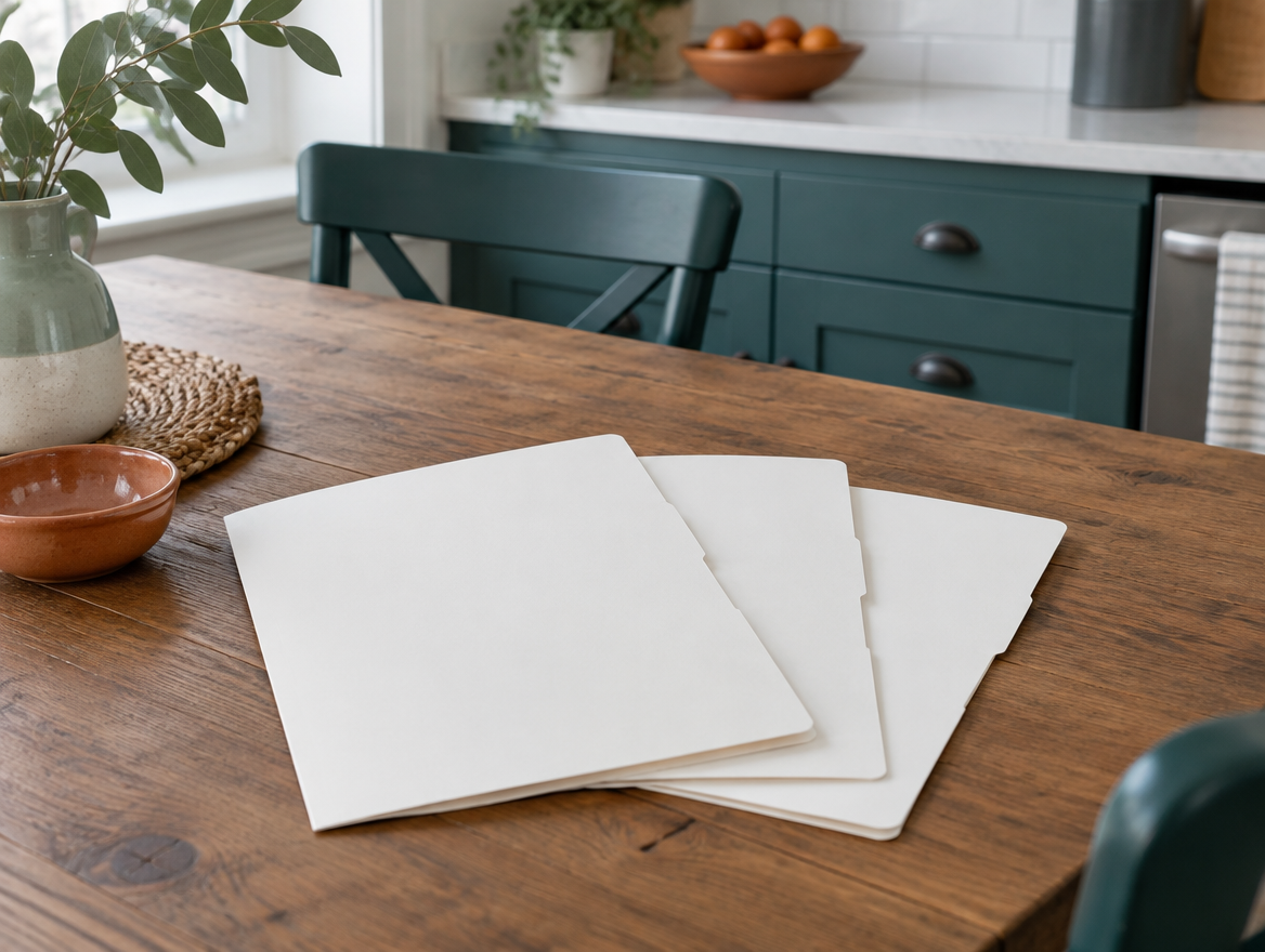 Three blank white paper folders fanned out on a kitchen table in flat daylight.