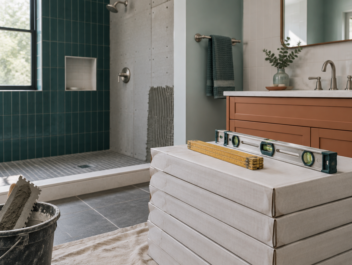 A folding rule and a spirit level resting on a stack of unopened porcelain tile boxes, no printing visible.