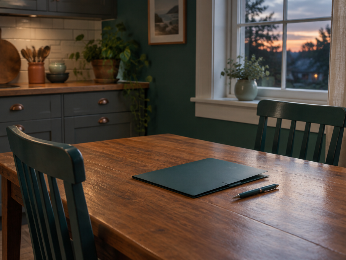 An empty kitchen table with two chairs, a closed folder and a pen, evening light through the window.