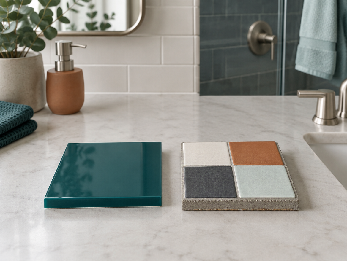 Two square samples side by side on a plain counter — moulded acrylic sheet and tiled cement board.