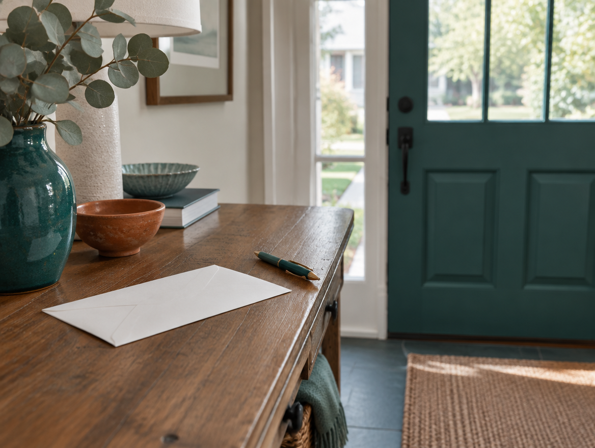 A plain unmarked envelope and a pen on a hall table beside a front door with daylight behind it.